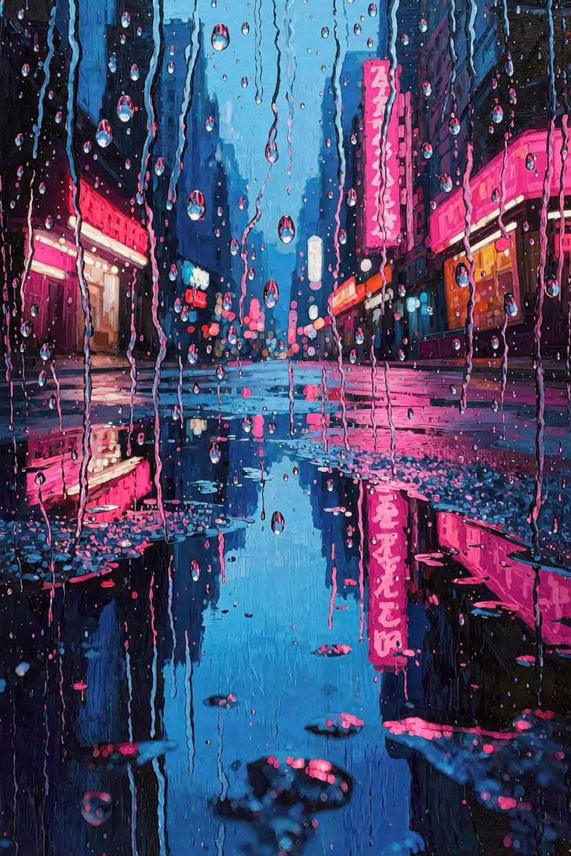 Cyberpunk city street at night during rain with pink and blue neon signs reflecting in puddles on wet pavement.