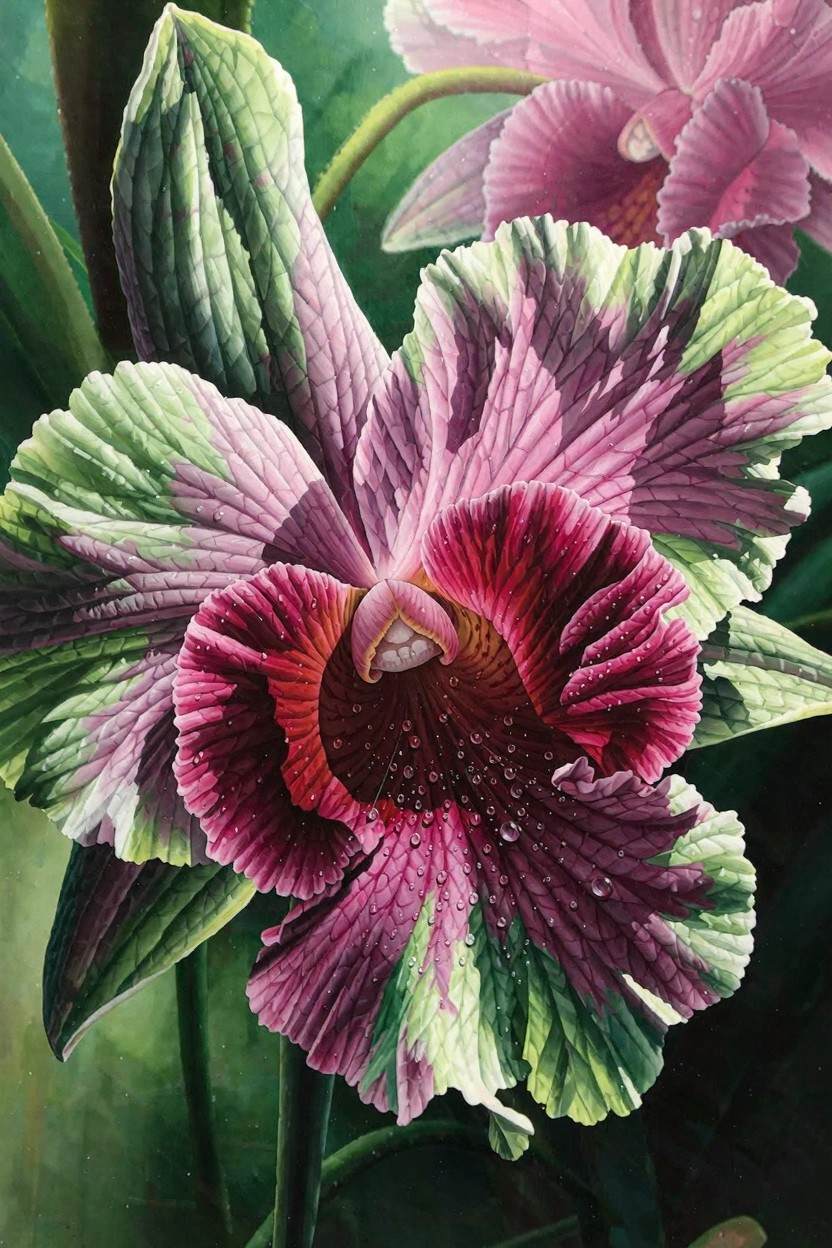 Detailed close-up painting of a ruffled pink-purple orchid flower with green leaves and dew drops on a soft green background.
