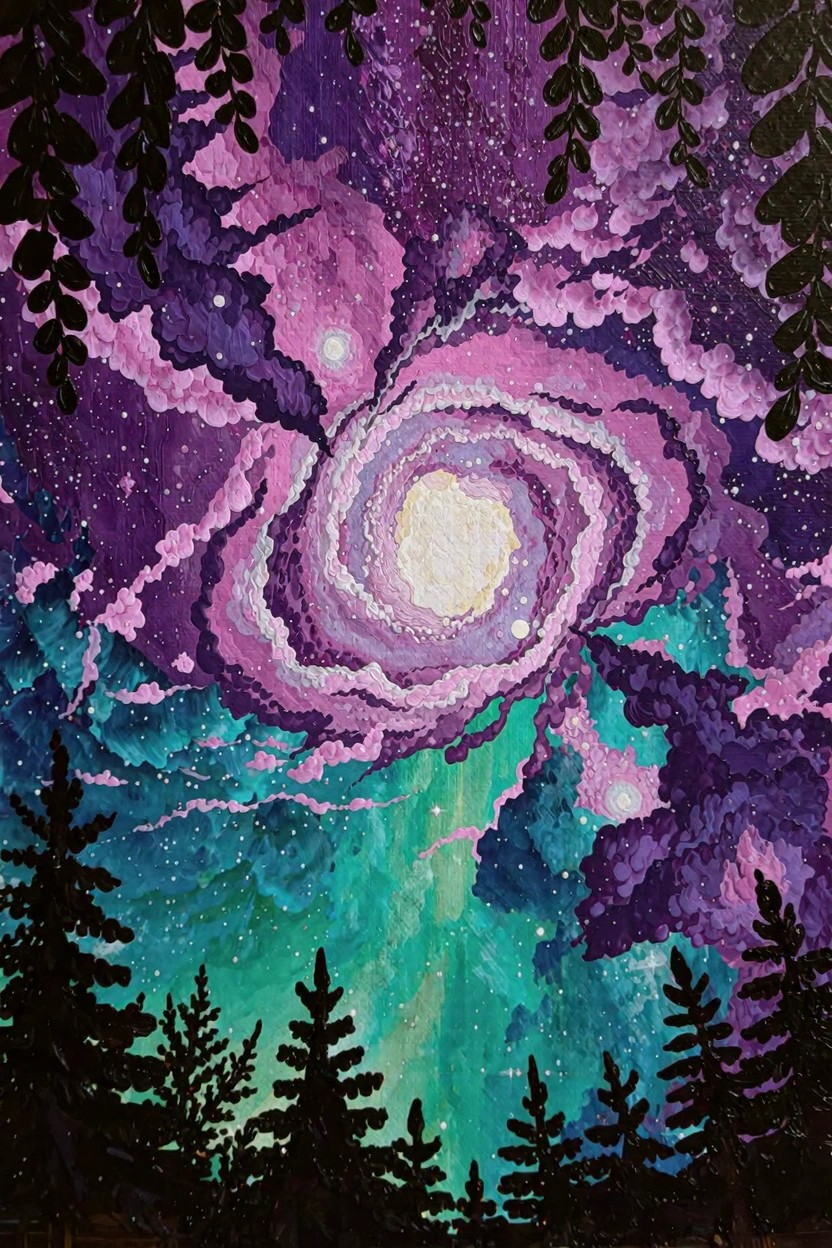 Vibrant painting of a white spiral galaxy in purple-pink starry sky above dark silhouetted pine trees.