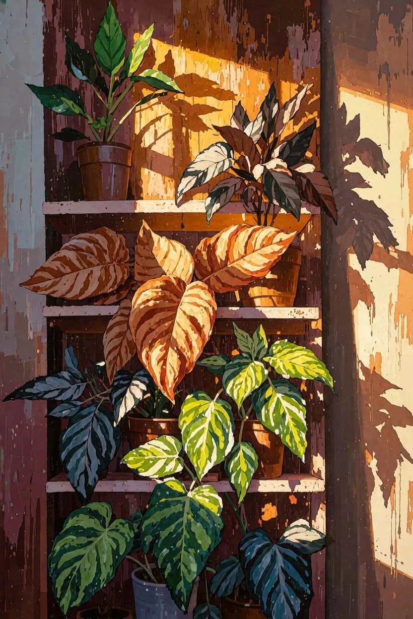 Painterly image of assorted potted houseplants with colorful leaves arranged on wooden shelves, lit by warm sunlight casting long shadows.