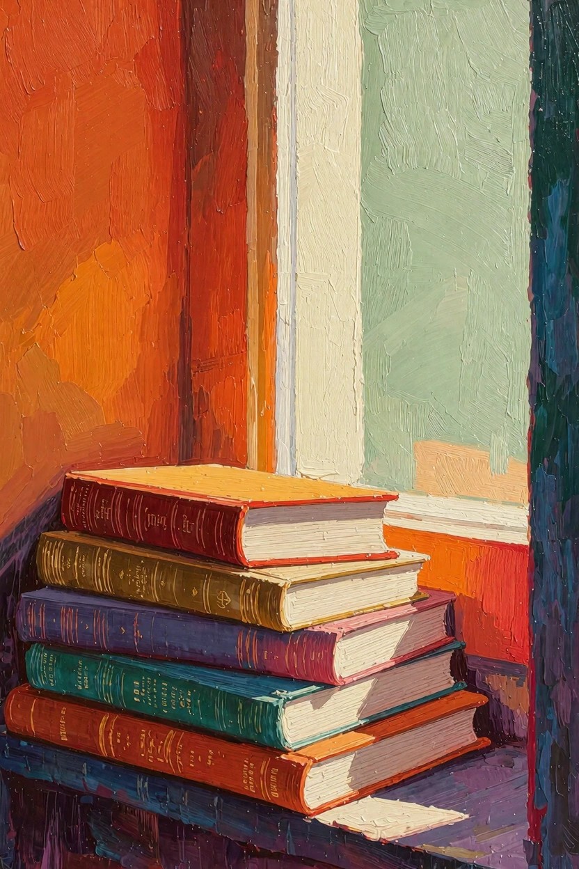 Stack of colorful books on a windowsill with orange walls, white frame, and green view outside, rendered in thick acrylic brushstrokes with dramatic lighting.