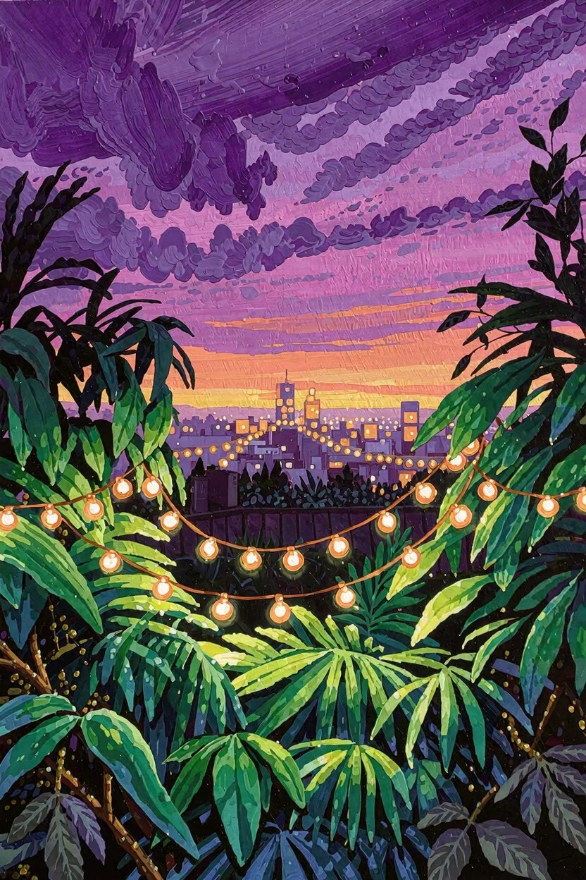 Purple and orange sunset sky over a lit city skyline framed by dense green tropical foliage and glowing string lights.