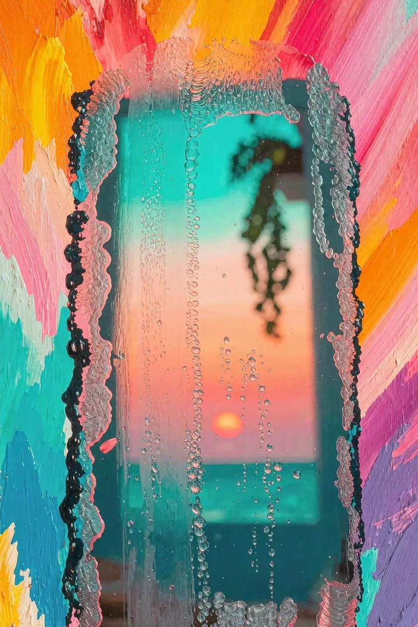 Colorful abstract strokes frame a dewy glass window showing a tropical sunset over water with hanging green leaves.