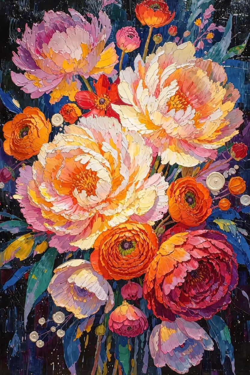 Vibrant acrylic painting of a bouquet with peonies and ranunculus in pinks, oranges, whites, and yellows against a dark textured background.