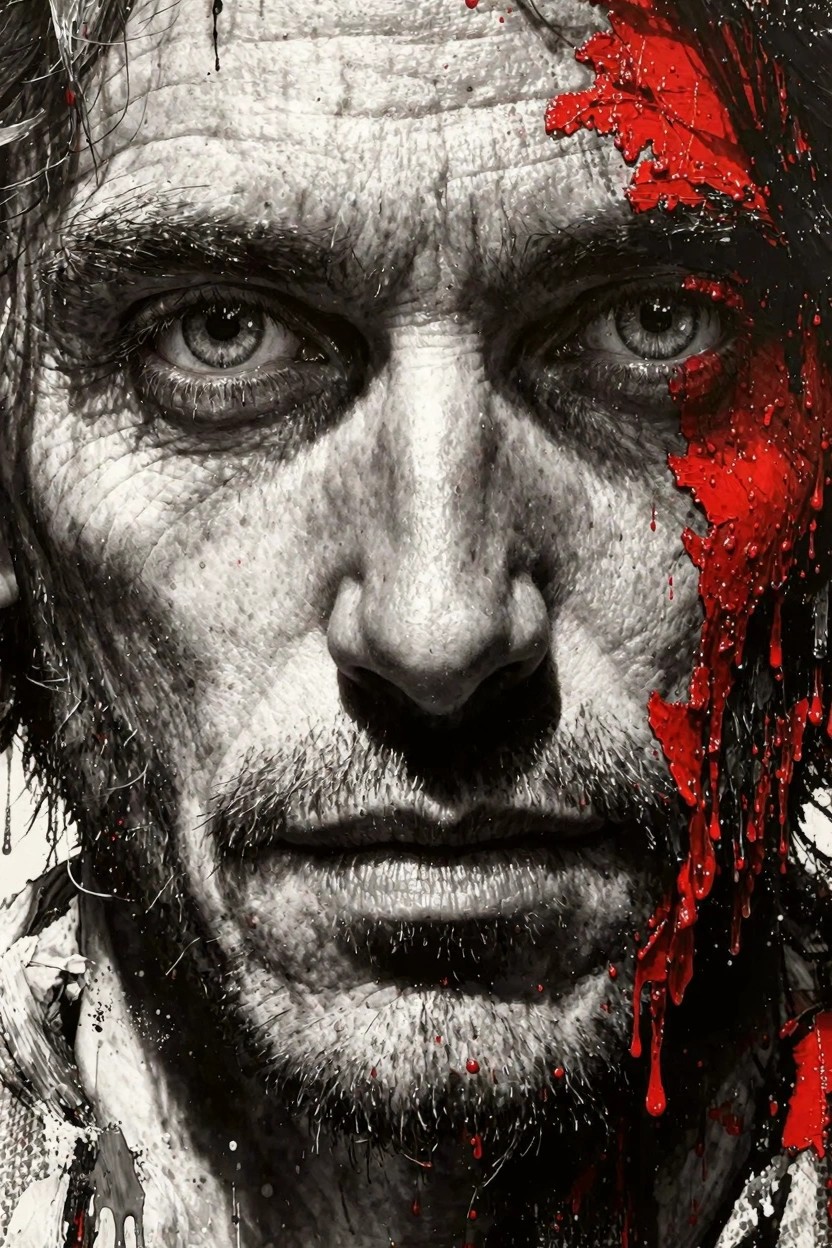 Black-and-white close-up portrait of a rugged bearded man with intense eyes and red blood dripping down the right side of his face.