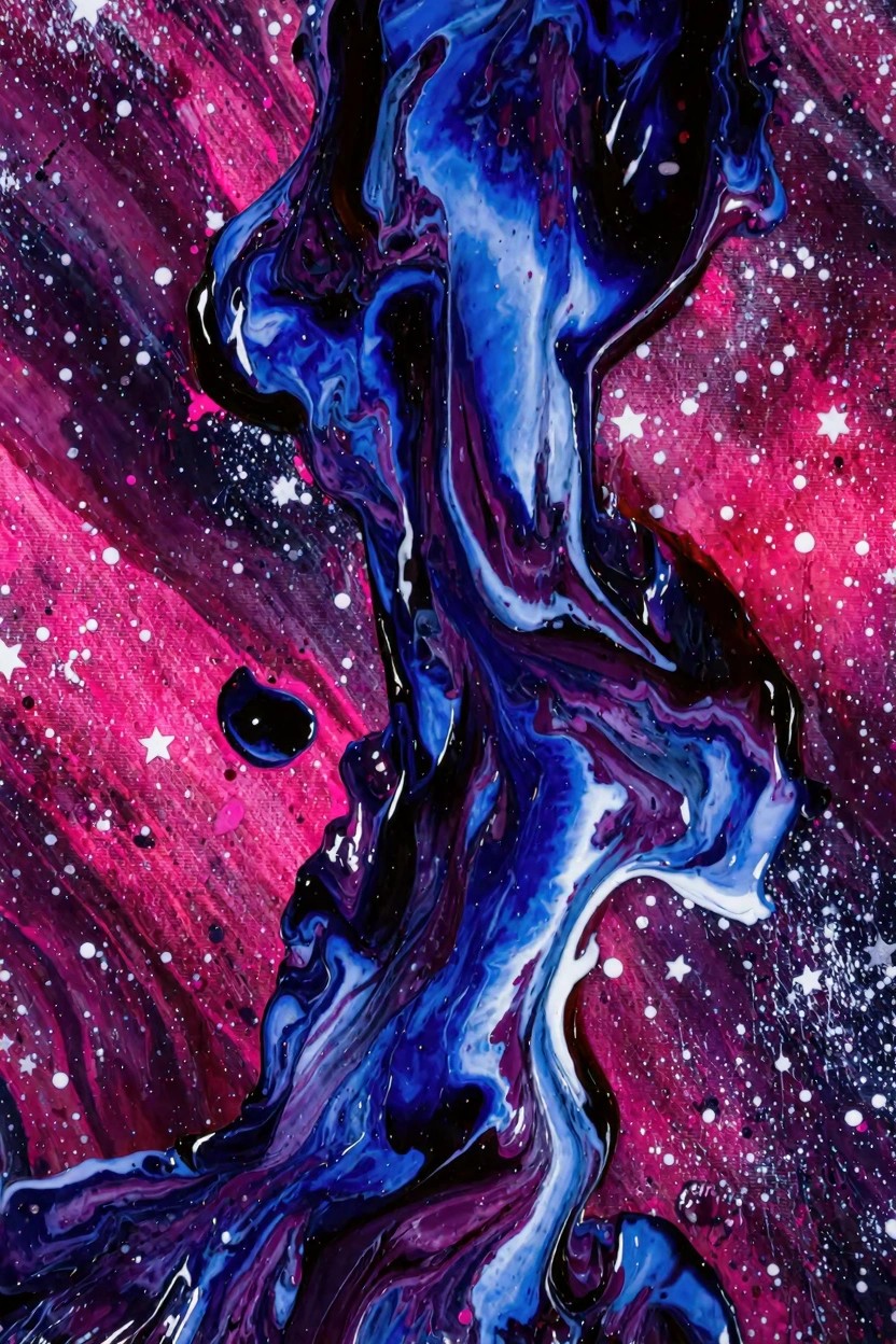 Abstract vertical painting of swirling blue, purple, and pink shapes resembling a nebula with white stars and black spots on a starry background.