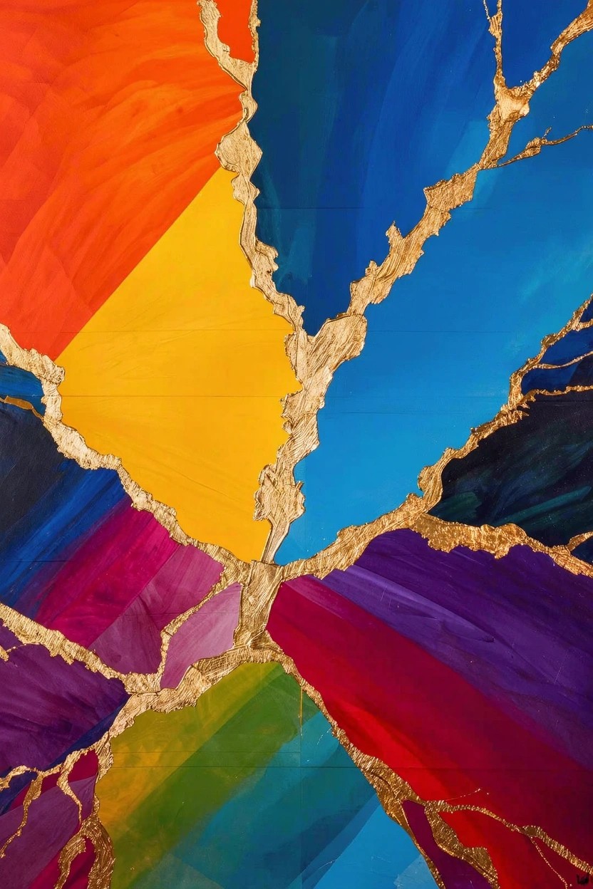 Abstract acrylic painting of jagged colorful shards in orange, yellow, blue, purple, green, and pink joined by metallic gold cracks.