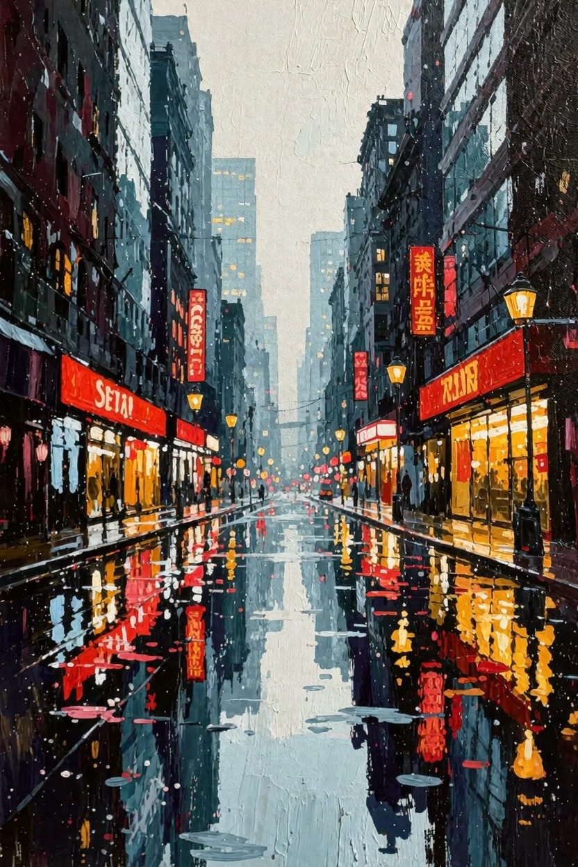 Acrylic painting of a rainy nighttime city street with red and yellow neon signs reflecting in puddles on wet pavement.