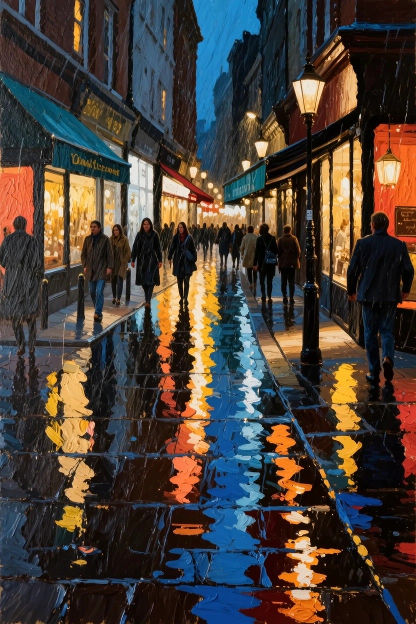 Painting of a nighttime rainy street with wet pavement reflecting colorful shop lights and lamps, people walking in the scene.