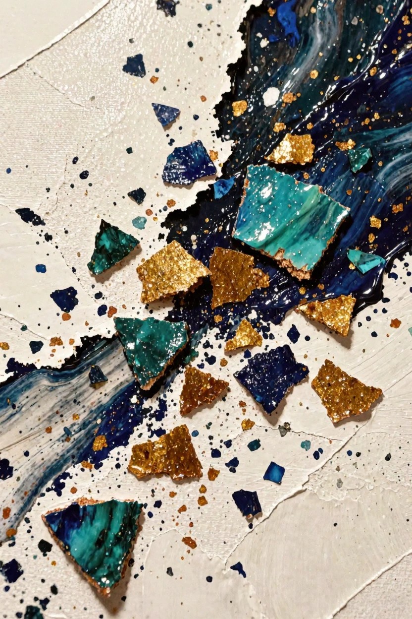 Abstract acrylic painting featuring jagged blue and turquoise shards with gold flecks flowing diagonally on a white background.