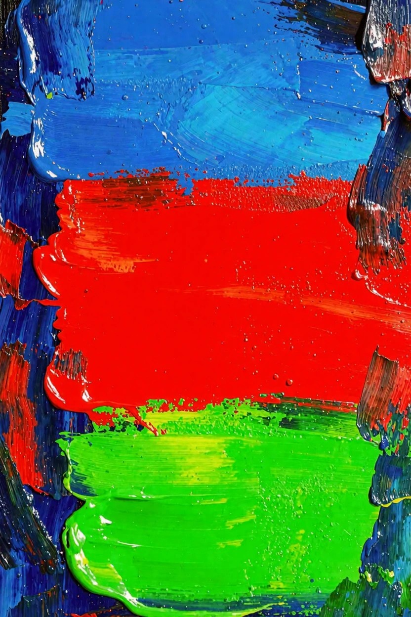 Abstract acrylic painting with textured horizontal bands of blue on top, red in the middle, and green at the bottom.