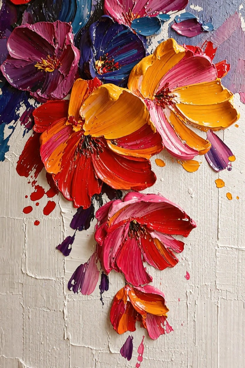 Textured acrylic painting of clustered vibrant flowers in reds, oranges, yellows, purples, blues, and pinks against a white background with paint splatters.