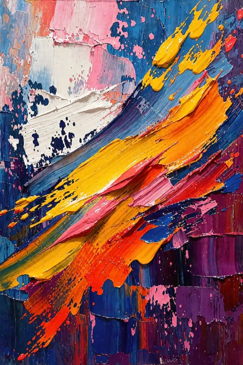 Abstract painting featuring thick, textured brushstrokes in vibrant yellows, oranges, reds, blues, purples, pinks, and whites creating dynamic layered flows.