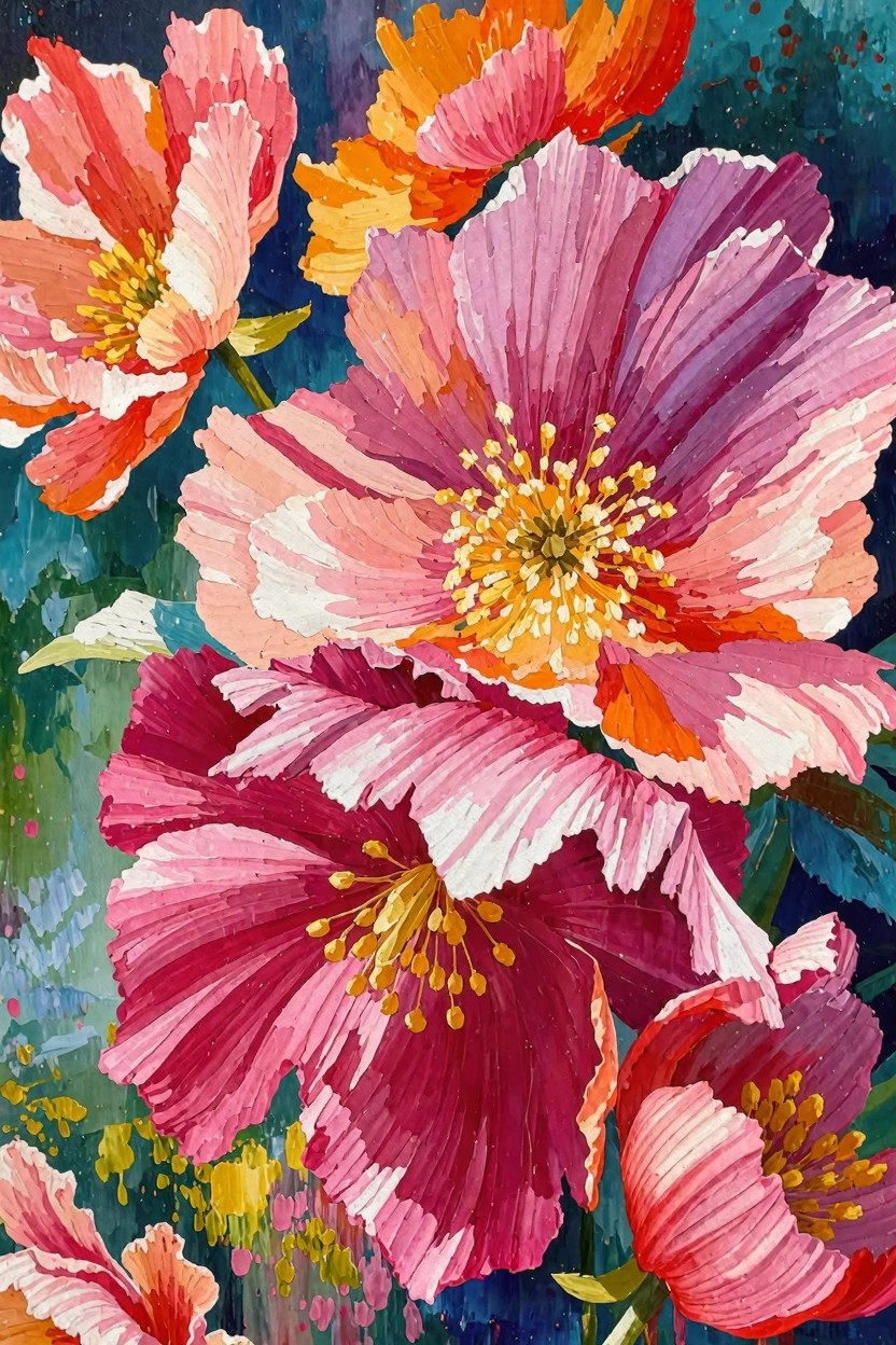 Vibrant painting of overlapping poppies in pinks, oranges, and reds against a teal background.