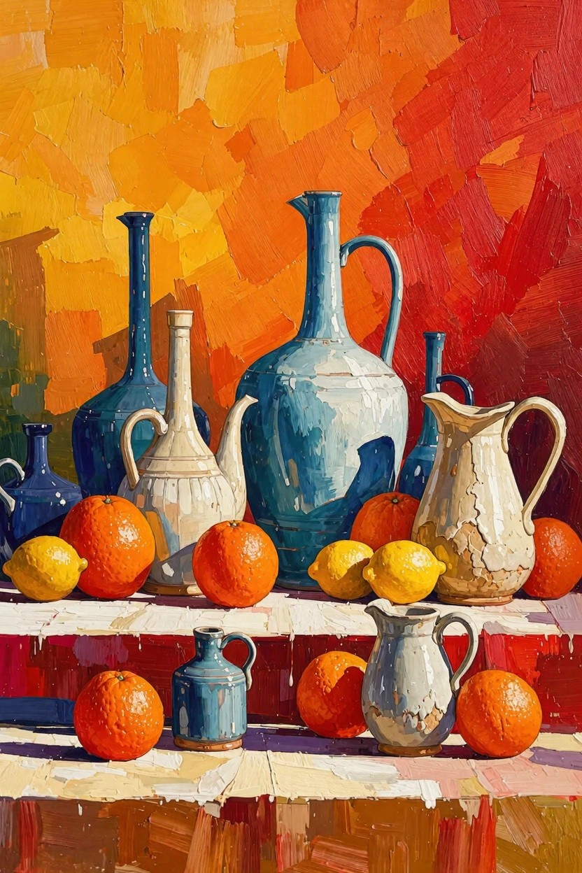 Acrylic still life painting of blue and white vases, pitchers, oranges, and lemons on a table against an orange-red background.