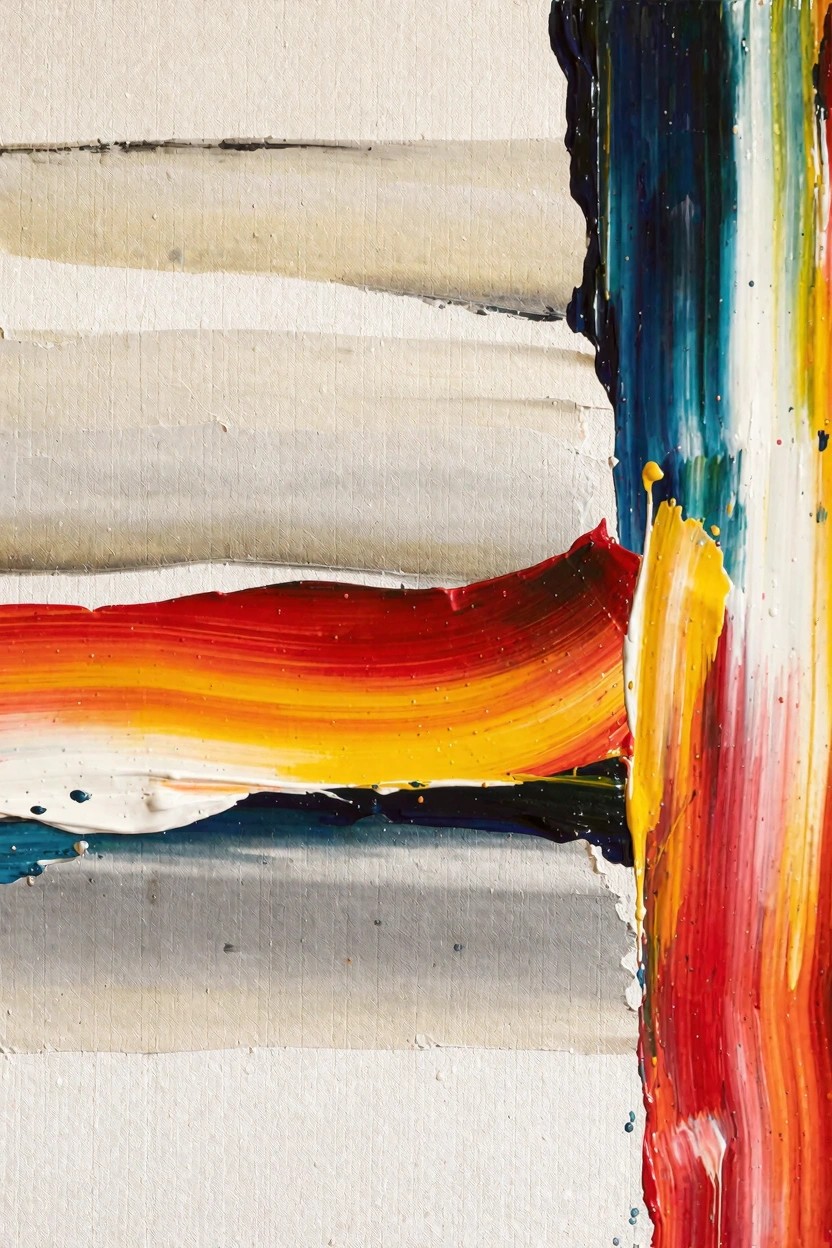 Abstract painting with layered horizontal gray and white stripes and a textured vertical flow of blue, yellow, orange, and red paint on the right side.