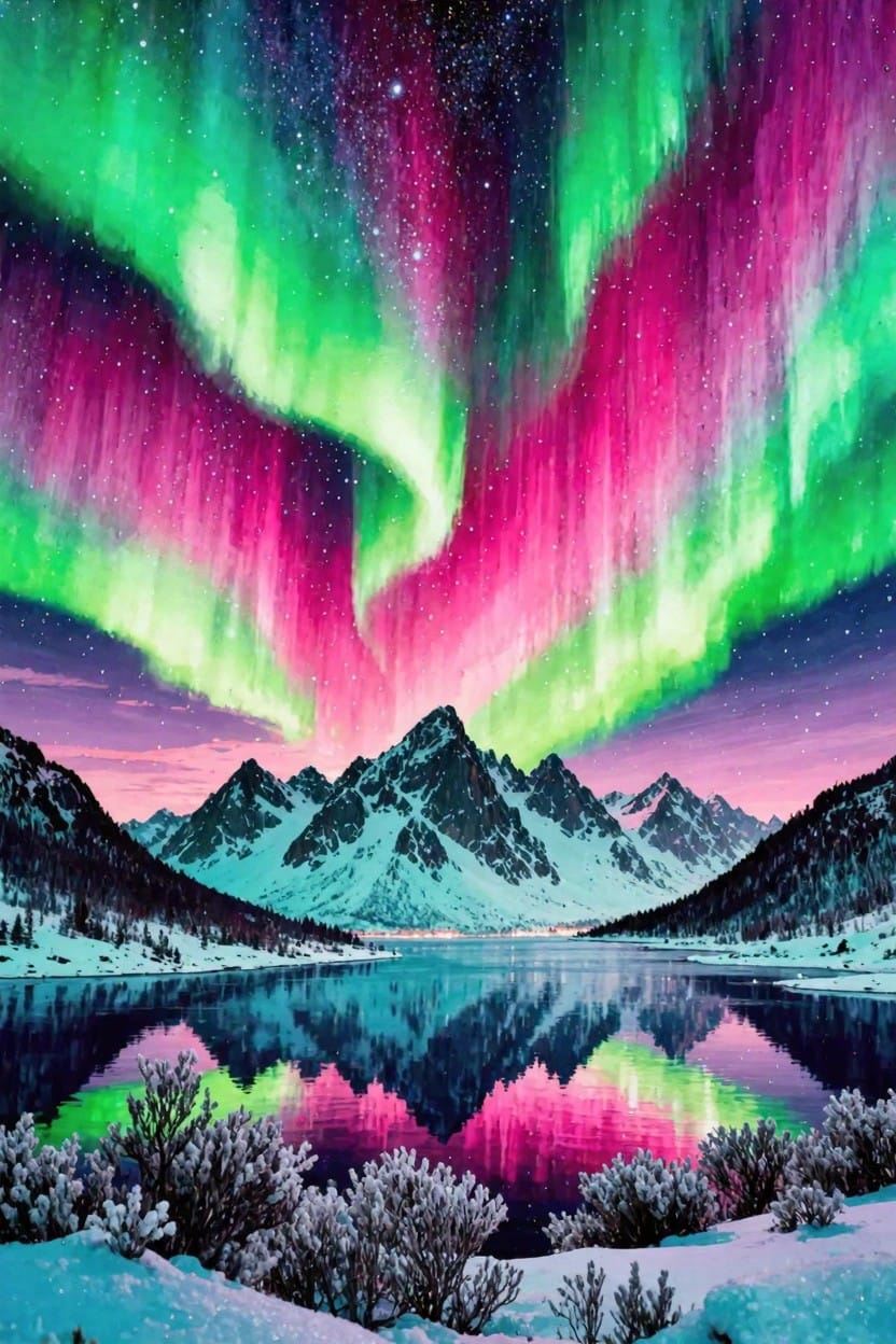 Vibrant green, pink, and purple aurora borealis arches over snow-covered jagged mountains reflected in a calm lake under a pink dusk sky.
