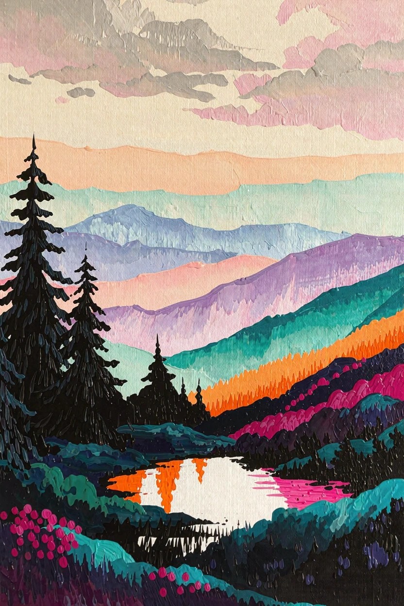 Watercolor-style landscape with layered purple-to-orange mountains, dark pine trees, colorful bushes, and a reflective pond under a pink-orange sky.