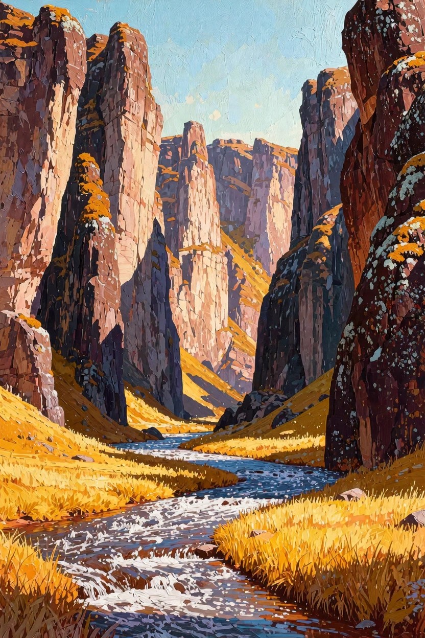 Vibrant acrylic-style painting of tall reddish-orange rock pillars lining a deep canyon valley with a winding blue river and yellow grasses under a blue sky.