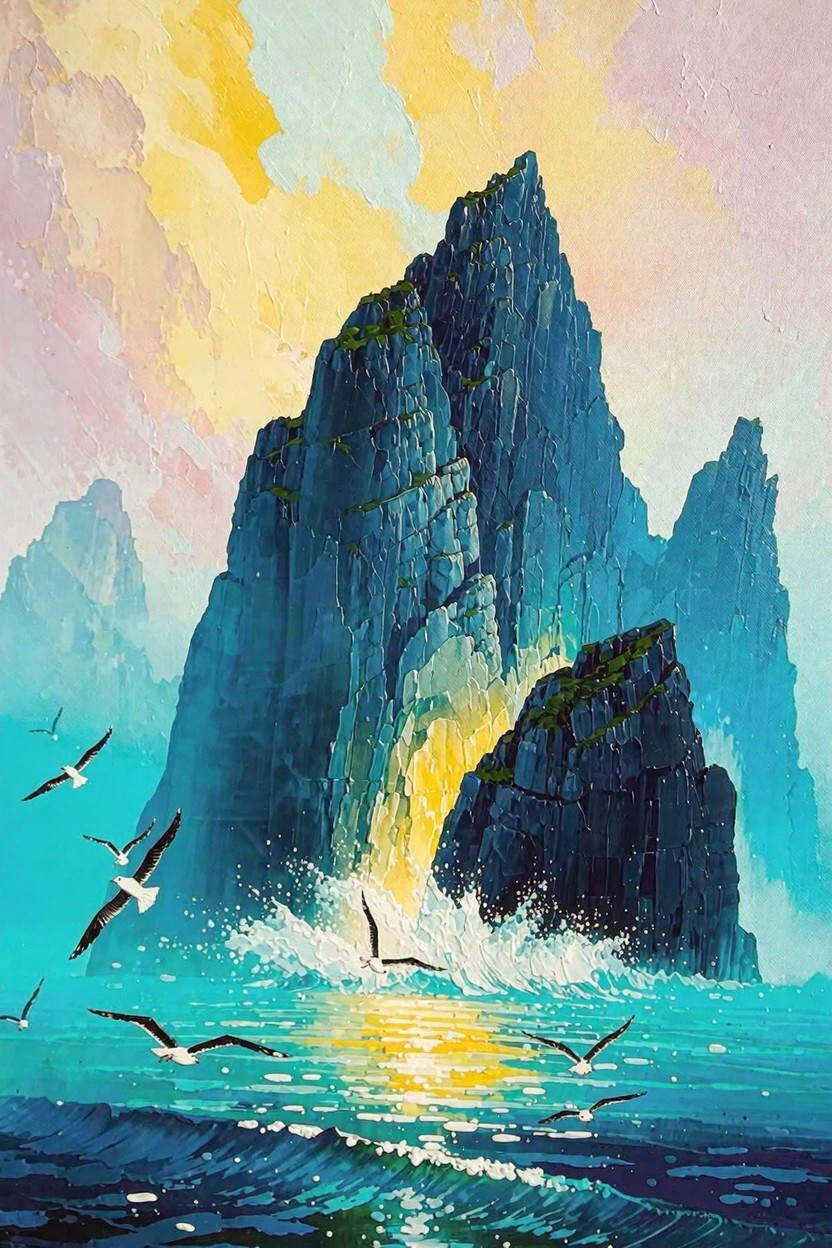 Vibrant painting of tall jagged dark cliffs emerging from ocean waves with white foam, flying seagulls, and a colorful sunset sky of yellows, pinks, and blues.