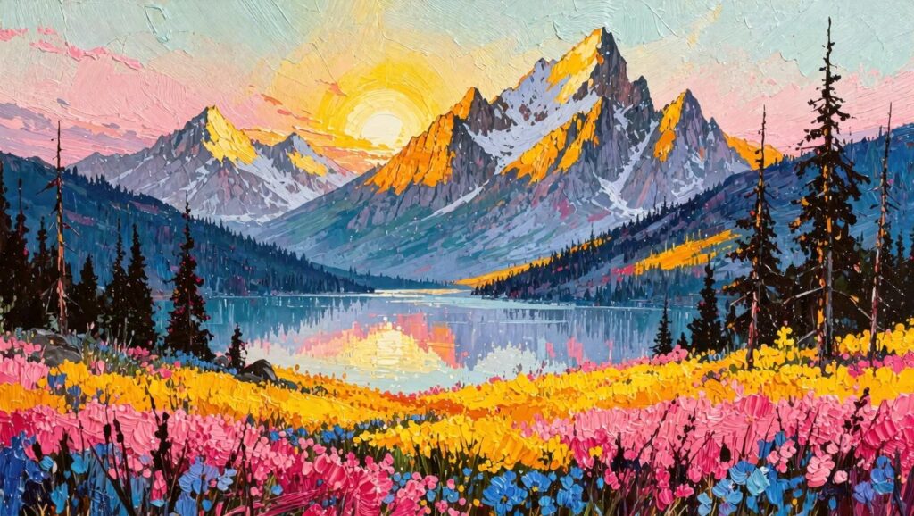 23 Mountain Acrylic Painting Ideas For A Majestic Outdoor Vibe Vibrant painting of a golden-lit snow-capped mountain peak reflected in a foreground stream surrounded by wildflowers and pine trees in a valley.