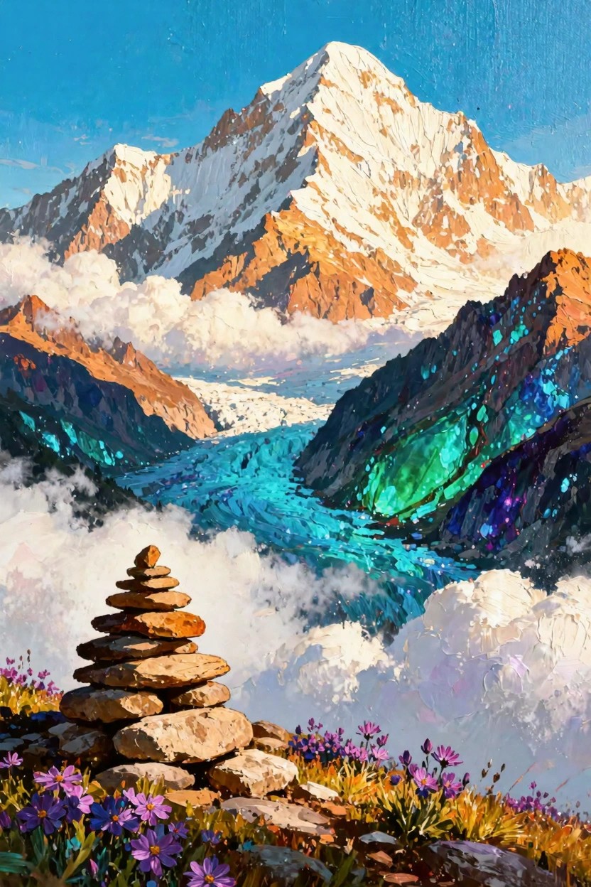 Painting of a massive snow-capped mountain over a turquoise glacier river in a valley, with clouds, a balanced stone stack, and purple flowers in the foreground.