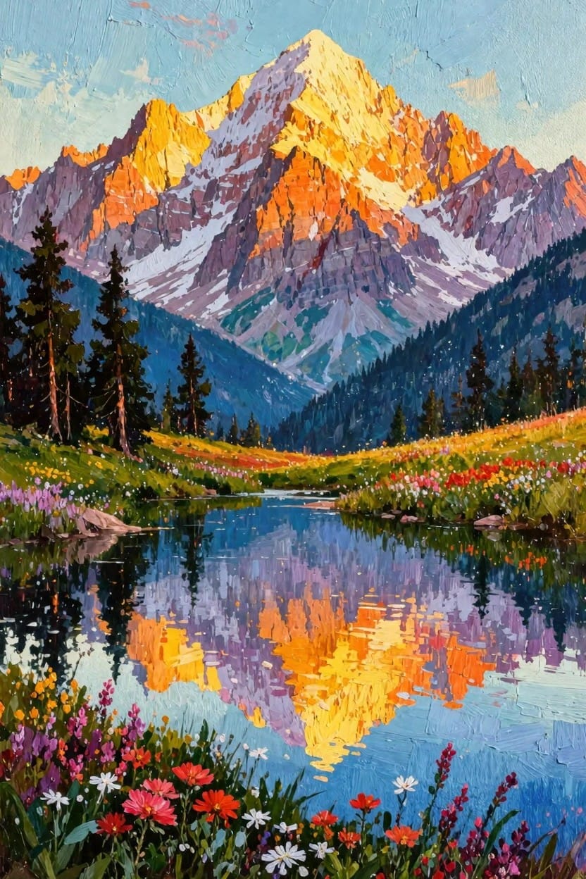 Vibrant painting of a golden-lit snow-capped mountain peak reflected in a foreground stream surrounded by wildflowers and pine trees in a valley.