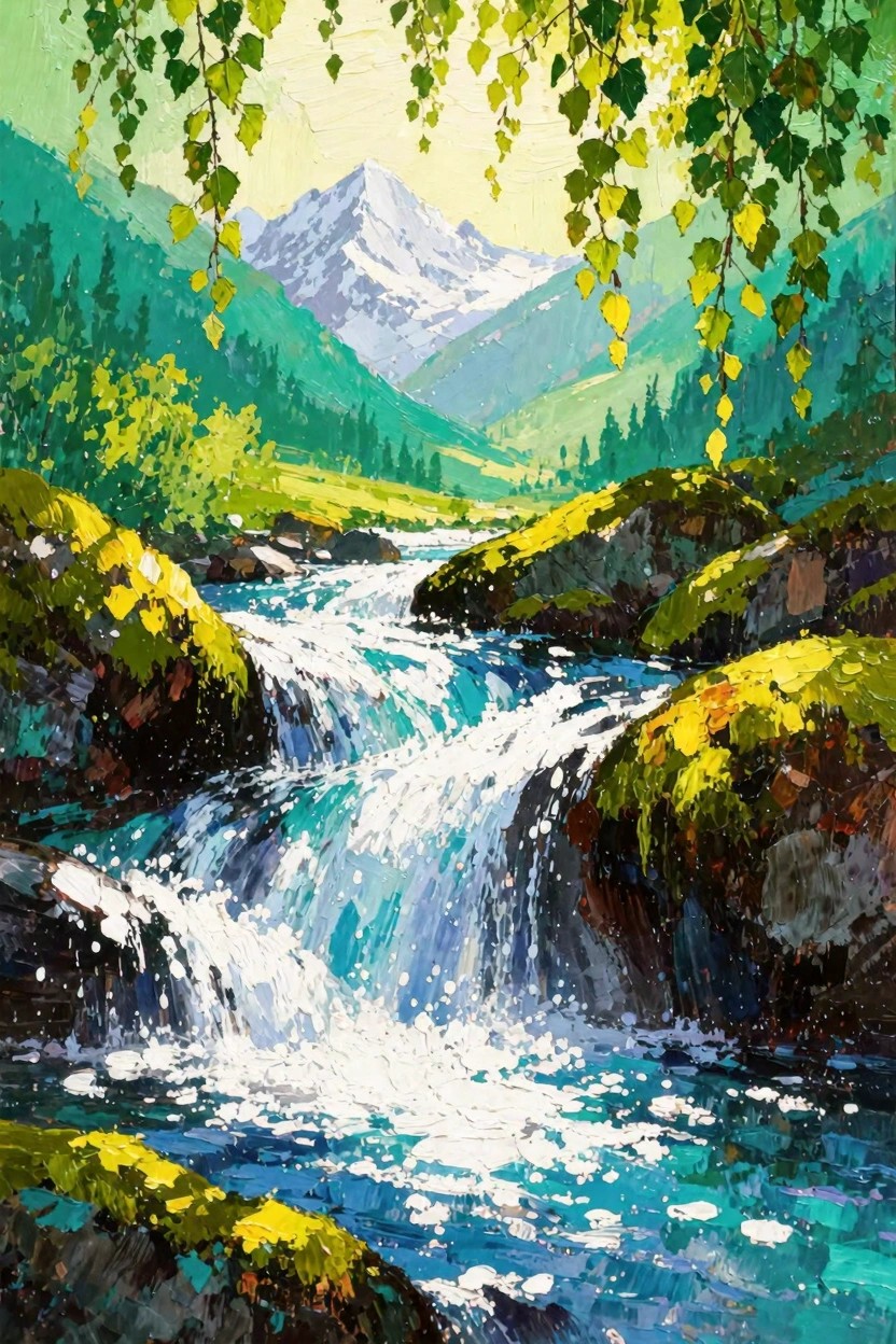 Vibrant acrylic-style landscape of a cascading stream over green rocks in a mountain valley, framed by overhanging vines with a snowy peak in the background.