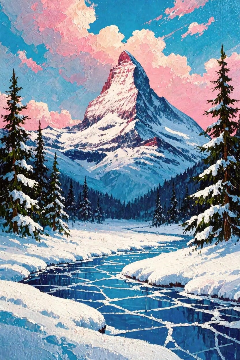 Painting of the Matterhorn peak with snow-covered pine trees on both sides, a frozen blue river in the foreground, and a pink and blue cloudy sky.