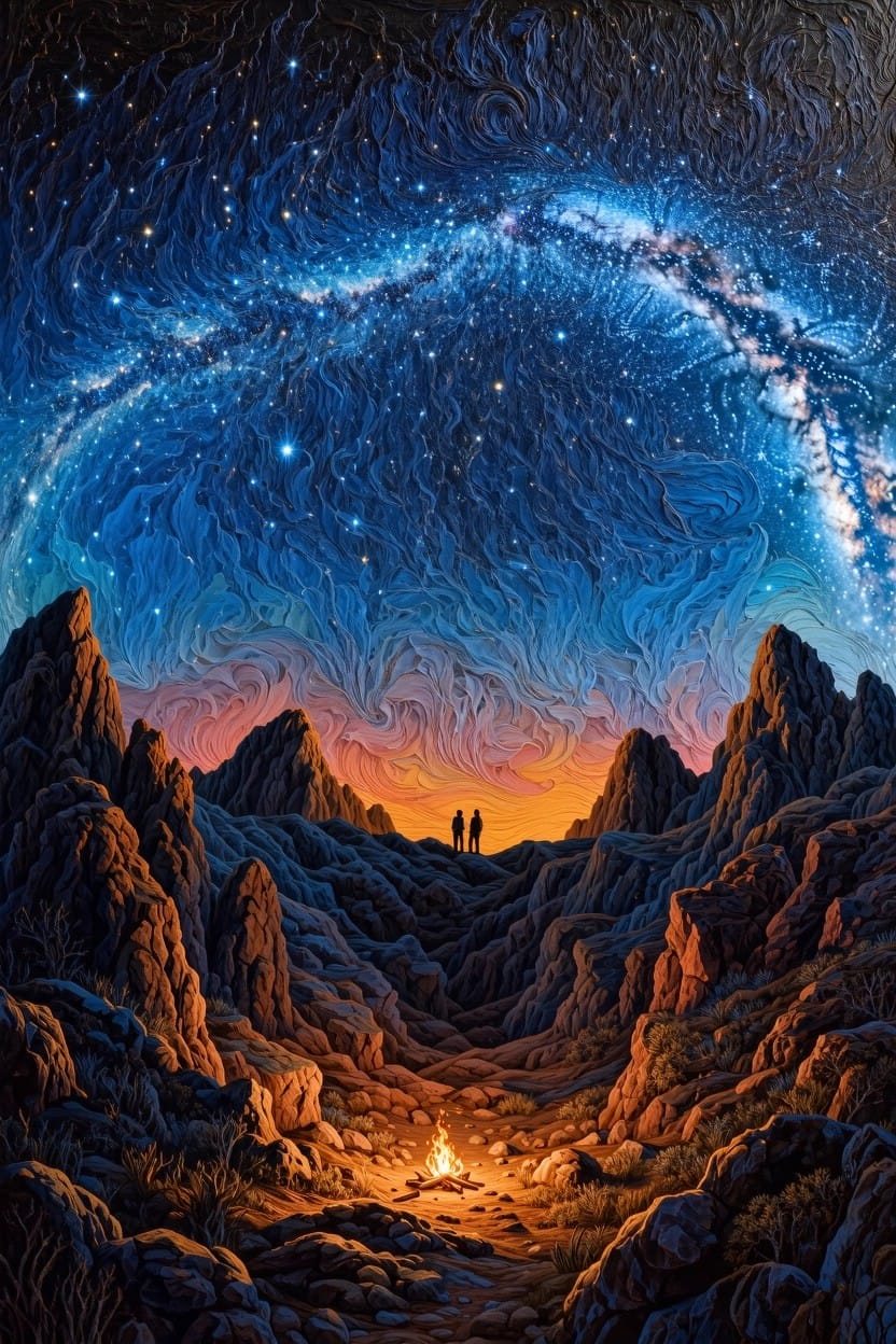 Digital artwork of Milky Way galaxy arching over orange rock canyons at dusk with silhouetted figures on a ridge overlooking a campfire in the valley.