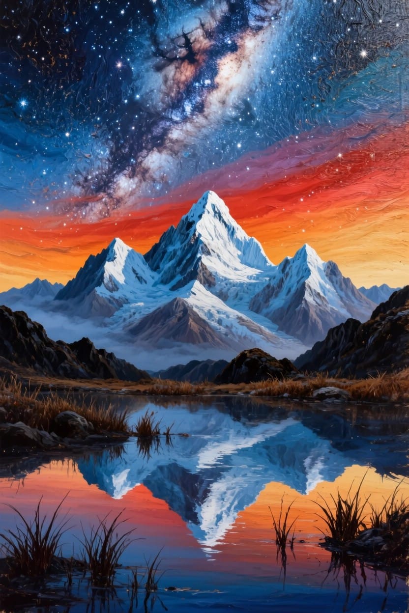 Vibrant painting of snow-capped mountains reflected in a reed-edged lake beneath a starry Milky Way galaxy in blue-to-orange night skies.