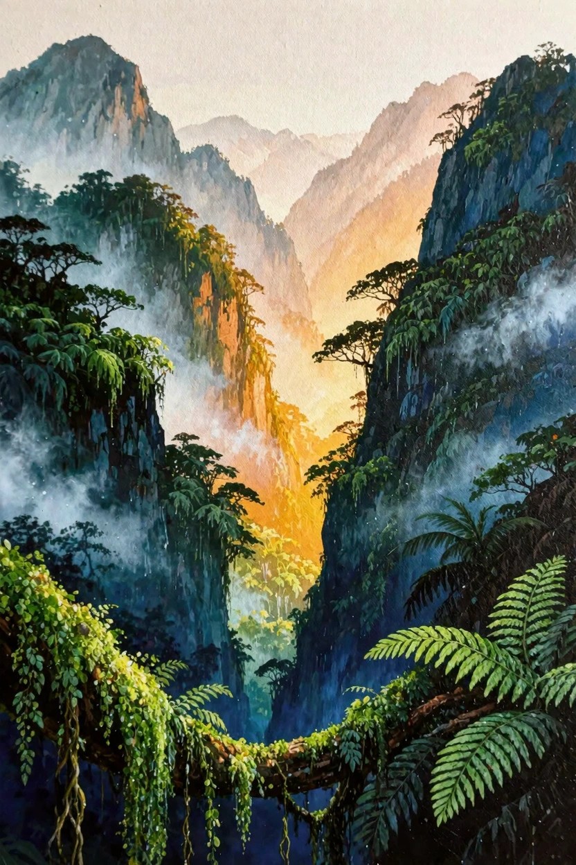 Misty painting of a deep green canyon between tall mountains with ferns, vines, and orange sunlight glowing in the center.