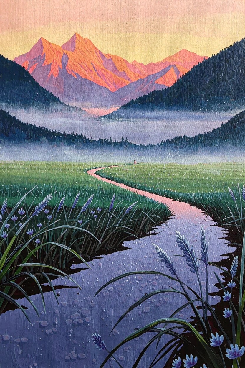 Acrylic-style landscape painting showing pink sunset-lit mountains above misty green valleys with a curving blue river through fields edged by tall purple grasses.