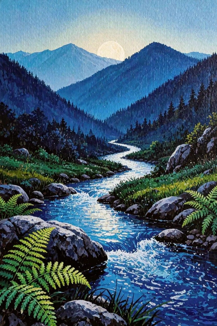 Acrylic-style painting of a bright full moon rising behind blue mountain peaks with a winding blue river through a green forested valley and ferns in the foreground.