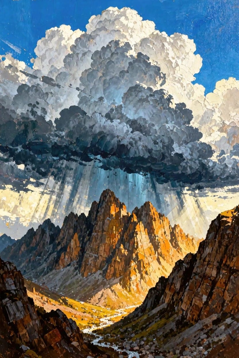 Painting of dark clouds with golden sun rays shining down on orange-red mountains, green valley, and stream.