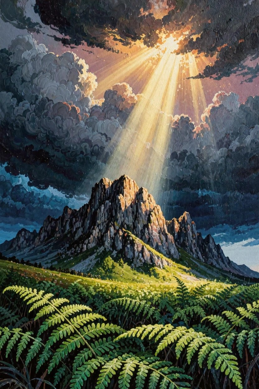 A detailed painting of dark storm clouds with golden sun rays shining down on a tall rocky mountain and green ferns in the foreground.