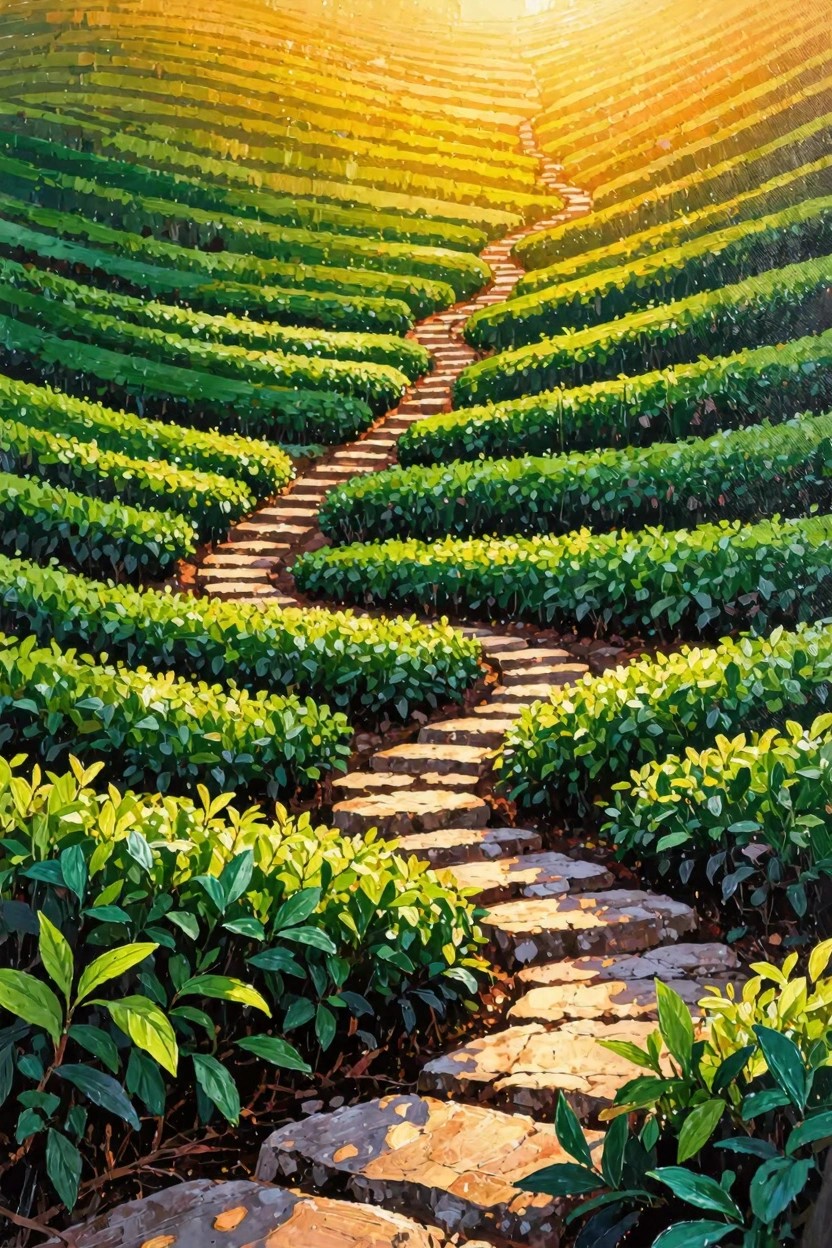A vibrant painting of terraced green hills with a curving stone path ascending toward a bright golden sun at the top.