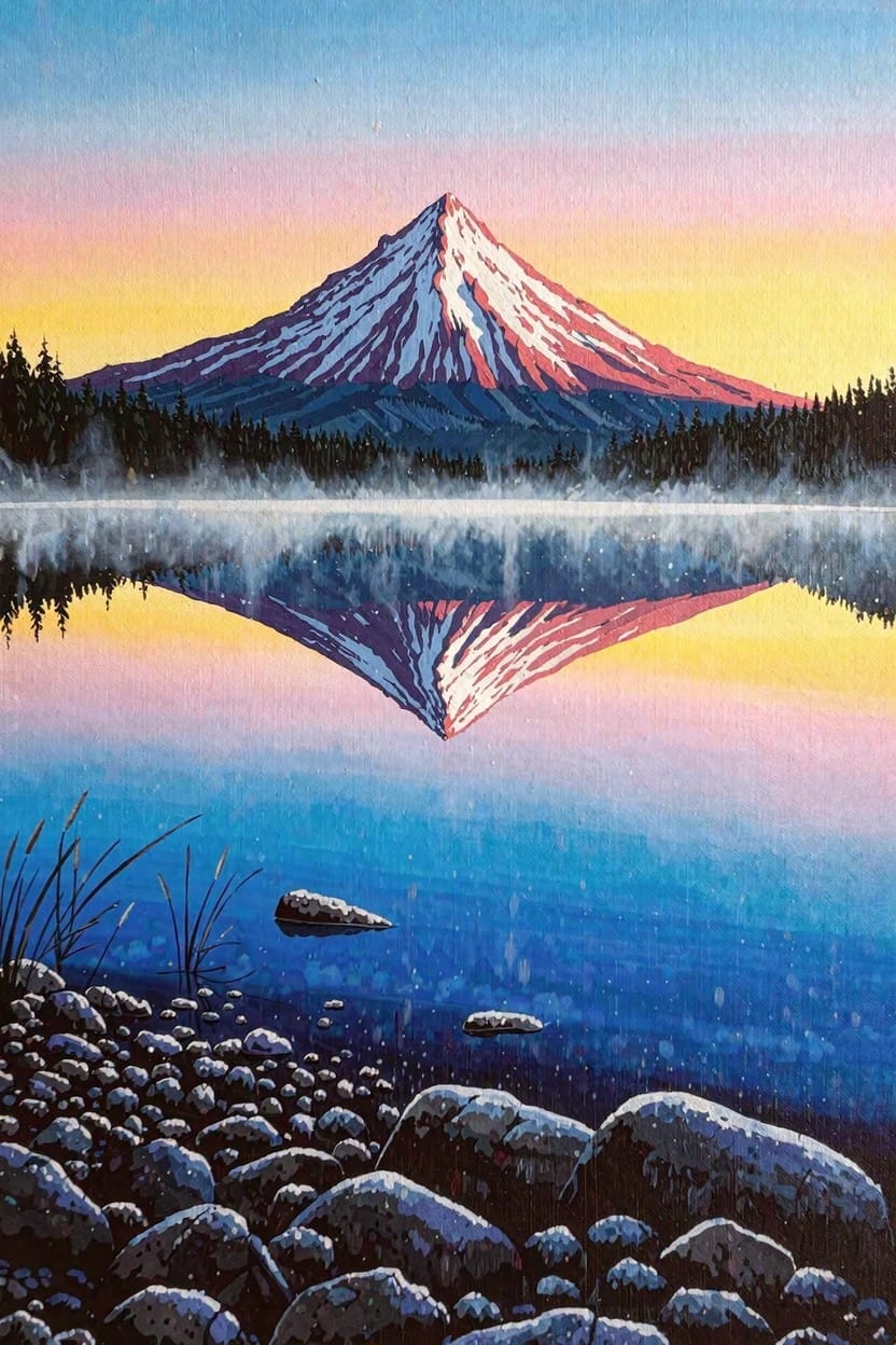 Vibrant painting of a snow-capped mountain reflected upside down in a misty blue lake under a pink-orange sunset sky, with green forest, rocks, and reeds in the foreground.