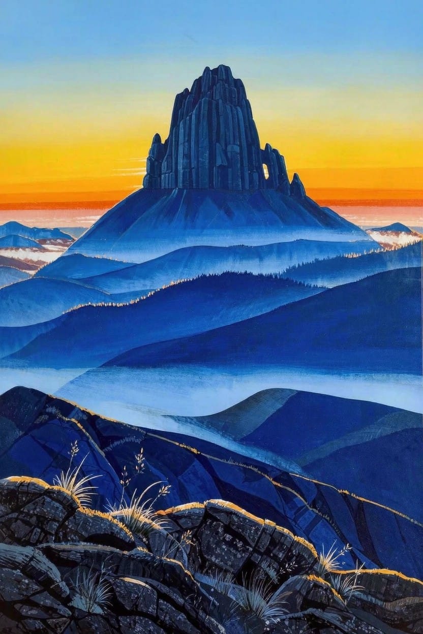 Stylized acrylic painting of a tall orange-glow butte rising above blue misty mountain layers at sunset.