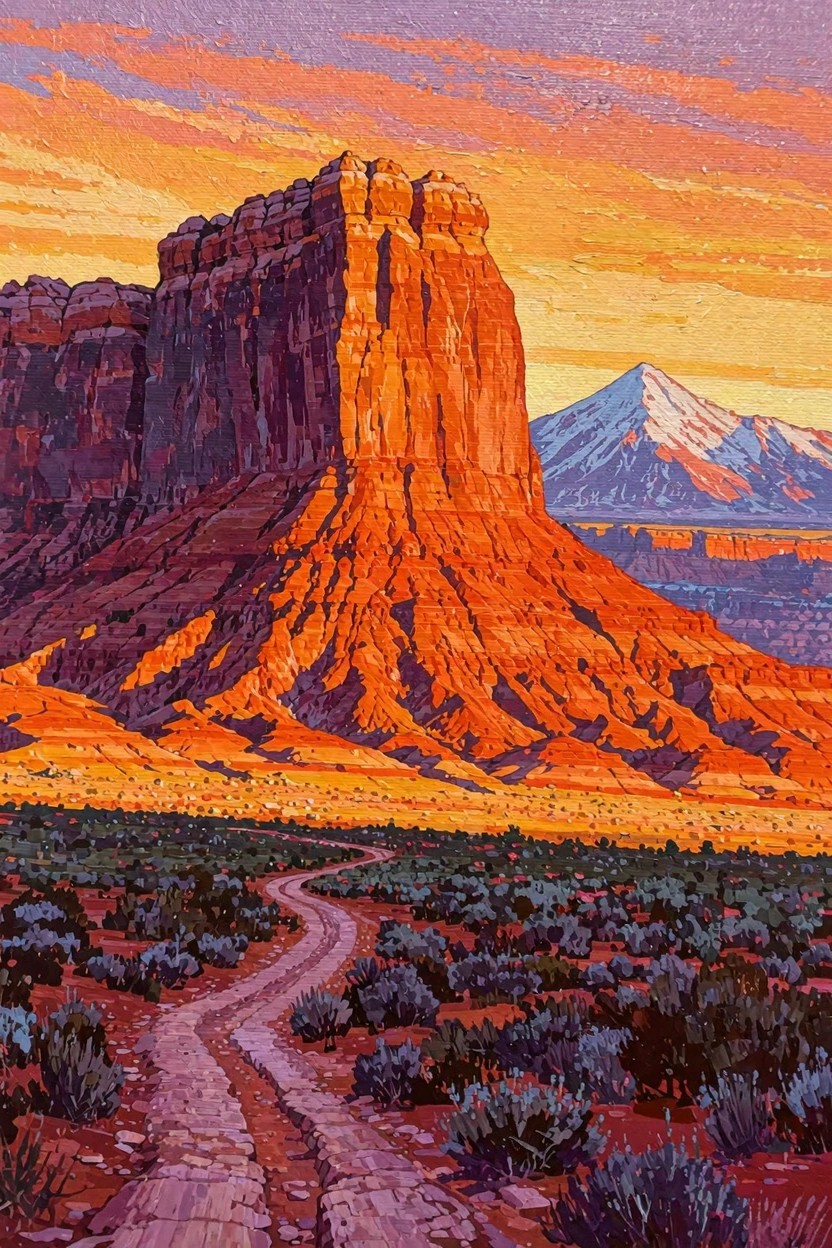 Vibrant painting of a tall red rock mesa at sunset with a winding dirt road in the foreground and a distant snowy mountain.