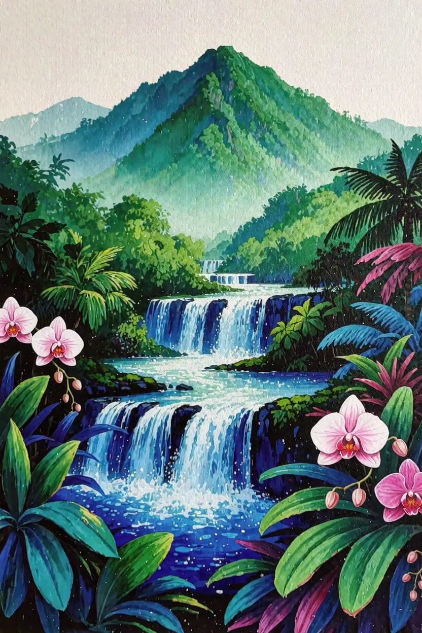 Watercolor-style painting of green jungle mountains with a blue waterfall and pink orchids in the foreground.