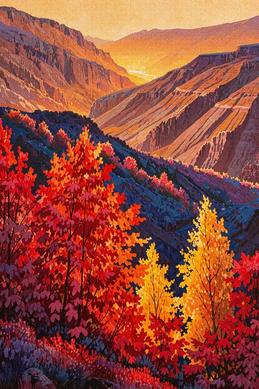 Colorful painting of a deep canyon valley with orange sunset light, red rock cliffs, and autumn trees in red, orange, and yellow foliage.