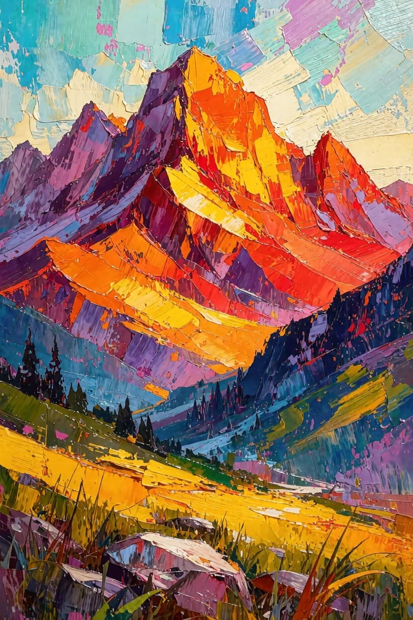 Colorful impasto painting of jagged mountains glowing in orange and yellow sunset hues with purple ridges, green trees, and yellow foreground grasses.