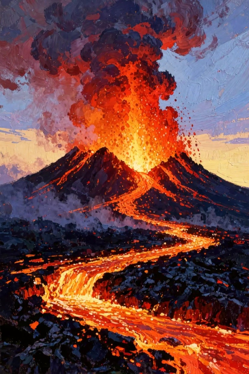 Painting of a volcano erupting with a tall ash plume, lava river flowing down one side, and rocky terrain under a twilight sky.
