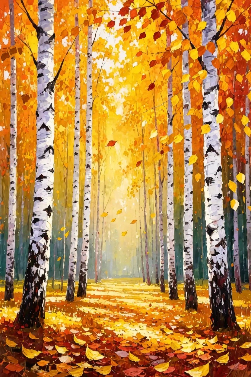 Acrylic painting of tall birch trees with white bark in a golden autumn forest, sunlight filtering through orange-yellow leaves onto a leaf-strewn path.
