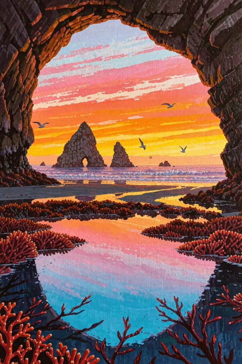 Painting of a sunset seascape framed by a sea cave arch, showing ocean waves, distant rock stacks, seabirds, beach, and kelp reflections in a foreground tide pool.