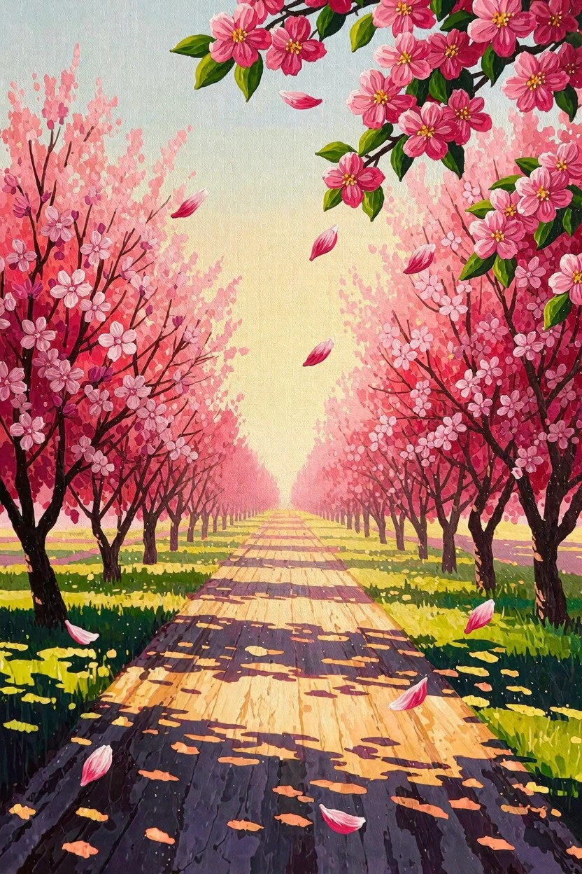 A dirt path lined on both sides by dark-trunked cherry blossom trees in full pink bloom, with falling petals, green grass, and warm backlight.