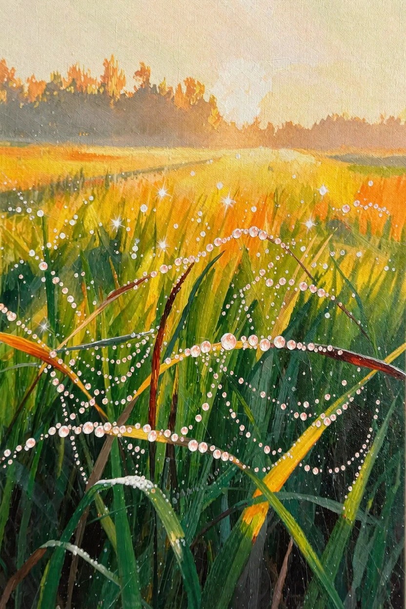 Watercolor of tall grass in a golden field with dew-covered spiderwebs in foreground, trees and sunrise in background.