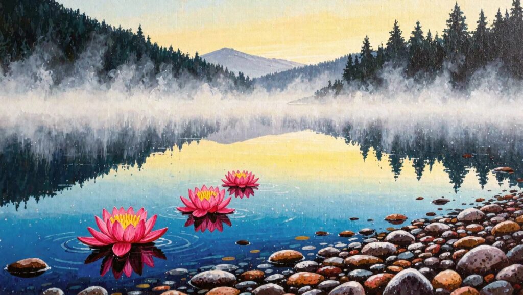 Acrylic painting on canvas depicting a misty lake at sunset reflecting pine trees, mountains, and water lilies with foreground rocks.