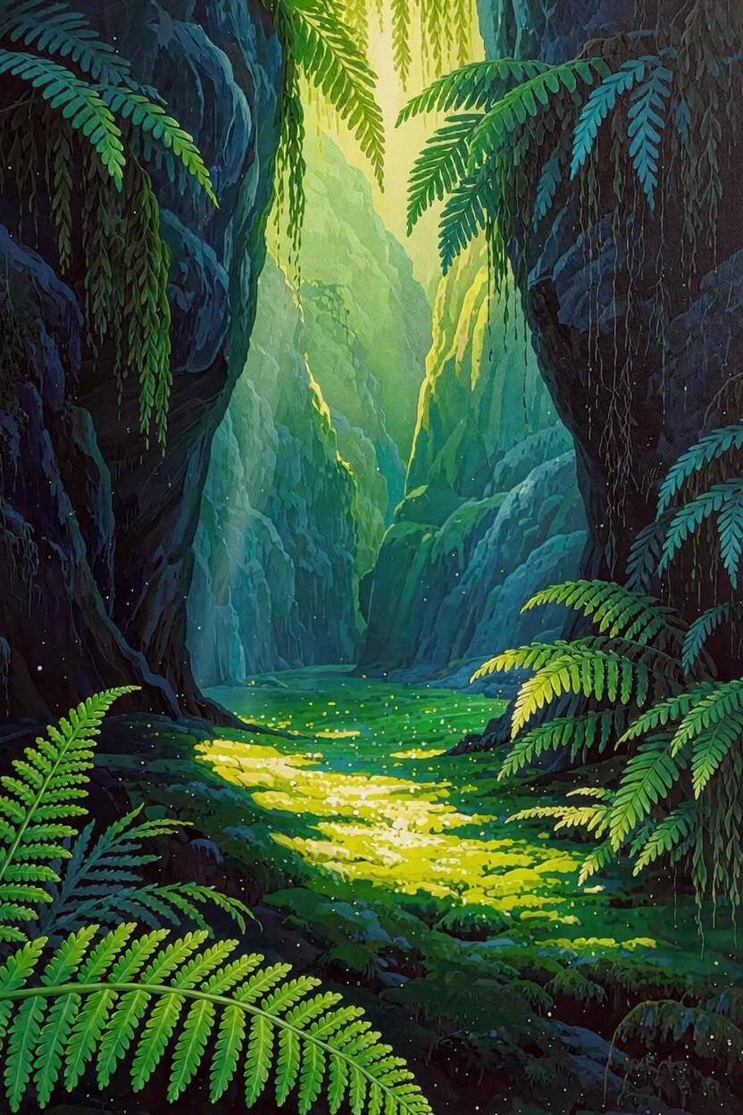 A detailed painting of tall dark rock walls covered in green ferns framing a sunlit green canyon path with glowing highlights.